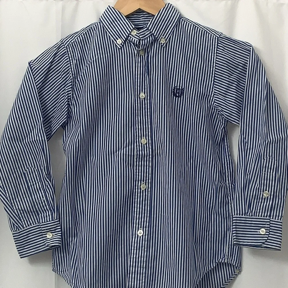 Boys Chaps Blue & White Striped Long Sleeve Button Down Shirt Size 7 EUC
